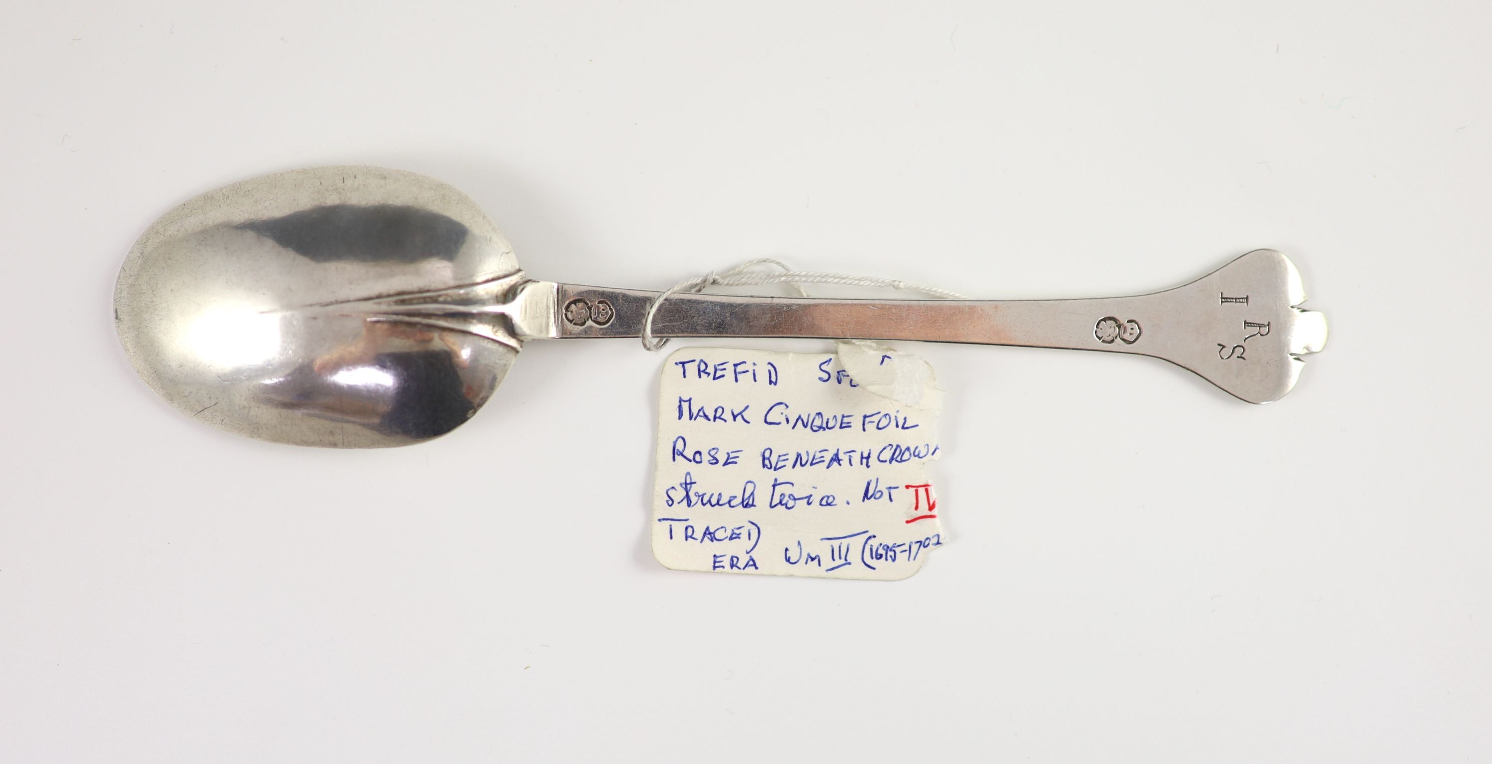 A provincial English silver trefid spoon, marks untraced, initialled to terminal underside ‘IRS’, c1670-90 , 19.5cm long, 1.4 oz.